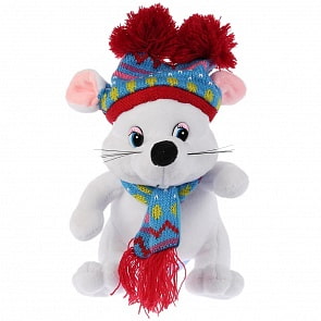 Мягкая игрушка – Мышка белая в шапке с двумя помпонами, 15 см (Мульти-пульти, 20291TNS)