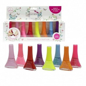 Набор из 8 лаков - Светло Розово-Сиреневый #038 + Коралловый #144 + Ярко-Розовый #068 + Желтый #117 + Красный #022 + Темно-синий + Голубой + Оранжевый (Lucky, Т11204)