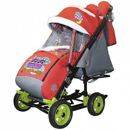Санки-коляска Snow Galaxy City-3-1 - Совушки на красном на больших колесах, сумка, варежки 