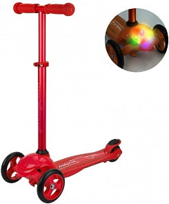 Самокат 3-колесный 120 мм PU, управление наклоном, светящаяся платформа, регулируемая рулевая стойка, красный (Moby Kids, 641140)