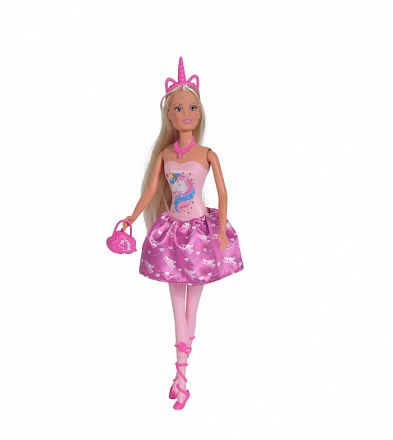 Кукла Штеффи в розовом платье с принтом единорог, 29 см 