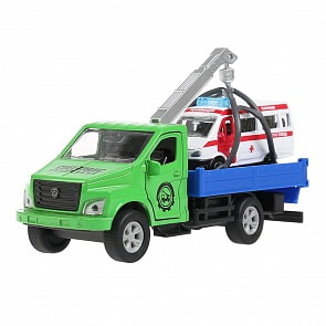 Набор металлических машин - инерционный Эвакуатор ГАЗ - Газон Next, 14,5 см и машинка 7,5 см (Технопарк, SB-18-23-G+GAZEL-WB)