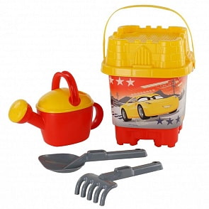 Набор Disney/Pixar Тачки №33: ведро-замок большое с наклейкой, ситечко-замок большое, лопатка №32, грабельки №32, лейка №8 (Полесье, 65568) (ассортимент)