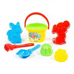 Набор №143: ведро среднее, ситечко, лопатка №5, грабельки №5, формочки белочка + пёсик, 2 формочки (Полесье, 2913) (ассортимент)