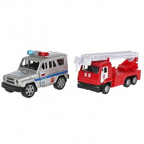 Набор полицейская машина 11,5 см с пожарной машиной 12 см двери открываются инерционный металлический (Технопарк, SB-19-24-WB)