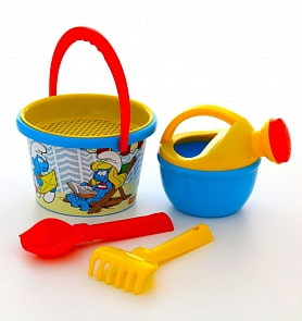 Набор №2 Смурфики-5: ведро среднее с наклейкой, ситечко, совок №2, грабельки №2, лейка малая №4 (Полесье, 65285) (ассортимент)