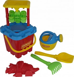 Набор №285: песочная мельница №2, ведро-крепость большое, лопатка №5, грабельки №5, формочка - динозавр №1, лейка малая №4 (Полесье, 35479)