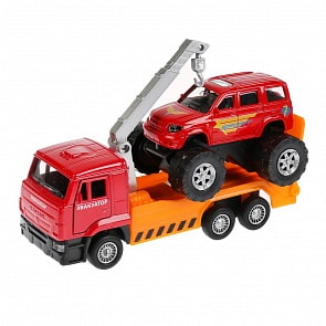 Набор моделей Камаз эвакуатор, 12 см, открываются двери, и УАЗ Patriot б/к, 7,5 см, инерционный (Технопарк, SB-17-24-O-WB)