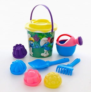 Набор №3 - Смурфики: Затерянная деревня-2: ведро с наклейкой, ситечко Солнышко, лопатка №5, грабельки №5, лейка малая №4, 4 формочки (Полесье, 64936)