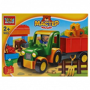 Конструктор - Большие кубики: Трактор с тележкой, 32 детали (Город мастеров, GK-1022-R)