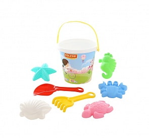 Набор №603: ведро большое с наклейкой, совок №10, грабли №10, формочки краб №1 + морской конёк + морская звезда №1 + ракушка №1 + черепаха (Полесье, 62598)