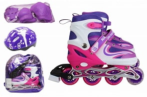 Коньки роликовые, колеса ПВХ, в комплекте с защитой и шлемом, переднее колесо со светом, S (30-33), бордовые (1Toy, Т59751)