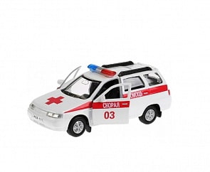 Машина металлическая Lada 111 скорая 12 см, открываются двери и багажник, инерционная (Технопарк, SB-16-67-A-WB)