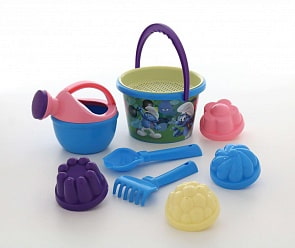 Набор №3 Смурфики: Затерянная деревня-4: ведро среднее с наклейкой, ситечко, совок №2, грабельки №2, лейка малая №4, формочки 4 шт (Полесье, 65018)