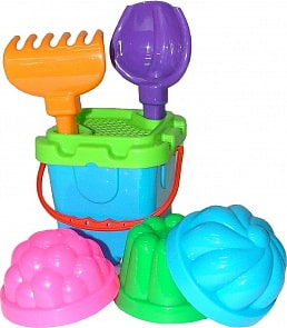 Набор № 261: ведро-крепость малое, ситечко-крепость, совок №2, грабельки №2, 3 формочки (Полесье, П-7123)  