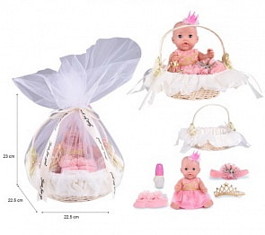 Интерактивный пупс в корзинке с аксессуарами, пьет и писает, розовый (Junfa, DH2206A)