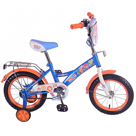 Велосипед детский из серии Фиксики сине-оранжевый с колесами 14', Gw-Тип, багажник, страховочные колеса, звонок 