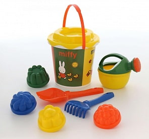 Набор №3 Миффи-2: ведро с наклейкой, ситечко Солнышко, лопатка №5, грабельки №5, лейка малая №4, формочки 4 шт (Полесье, 64691)