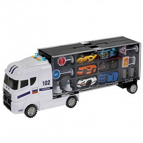 Модель Kamaz Тягач Полиция 47 см с набором машин свет-звук 4 кнопки пластиковая (Технопарк, KAMSET-47PLPOL-WH)