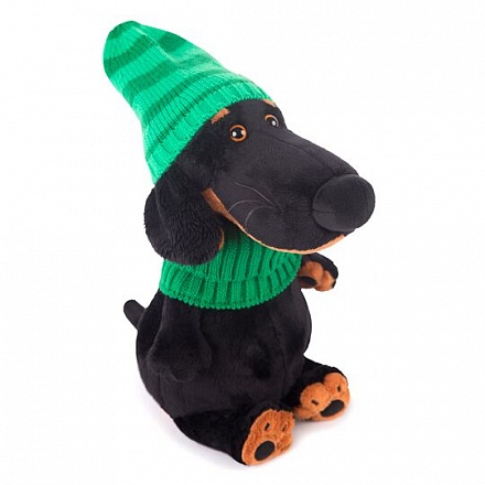Мягкая игрушка - Собака Ваксон в зеленой шапке и шарфе, 25 см 
