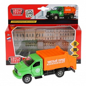 Металлическая инерционная машина - ГАЗ Газон Next – Мусоровоз, 15,5 см, открываются двери (Технопарк, SB-18-29-G-WB)