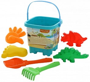Набор №595: ведро-замок большое с наклейкой, лопата №6, грабли №6, формочки динозавр №1 + динозавр №2 + ладошка + ножка (Полесье, 62499)