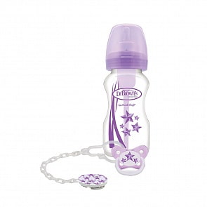 Набор из 4 предметов - Бутылочка противоколиковая с широким горлышком – Лавандовая 270 мл, пустышка 0-6 месяцев, клипса, ершик (DrBrowns, WB91506)