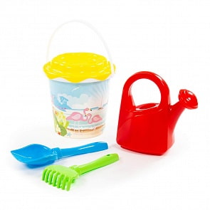 Набор №130: ведро с наклейкой, ситечко Солнышко, лопатка №5, грабельки №5, лейка большая (Полесье, 2739)