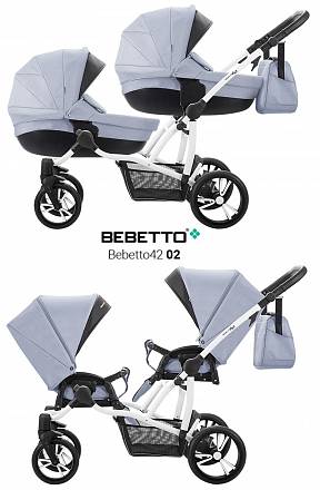 Детская коляска Bebetto42 2017 для двойни 2 в 1, светло-голубая с черным, шасси белая/Bia 