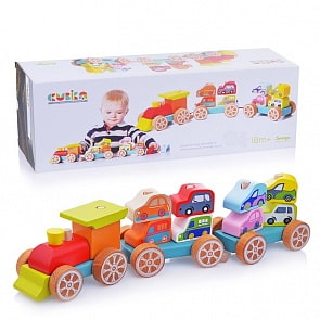 Паровозик-конструктор деревянный с машинками, 14 деталей (Cubika, 13999)