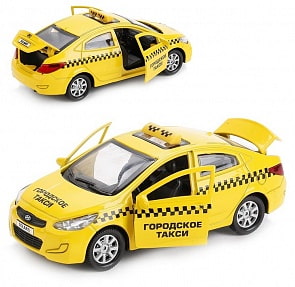 Машина металлическая Hyundai Solaris Такси 12 см, открываются двери и багажник, инерционная (Технопарк, SOLARIS-TAXI)