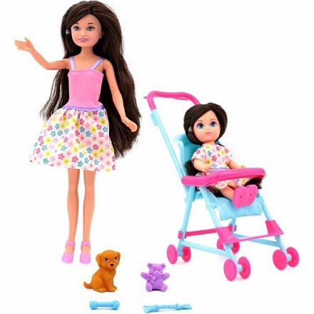 Кукла Мила 23 см с куклой Вики 12 см в коляске и собачкой 