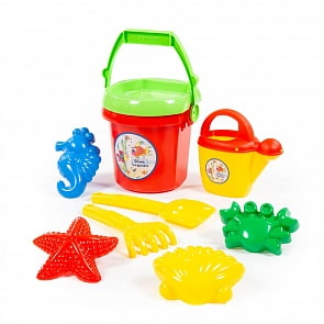 Набор №414: ведро №9, сито №9, лопатка №31, грабельки №31, формочки краб №1 + морской конёк + морская звезда №1 + ракушка №1, лейка №10 (Полесье, 38524)