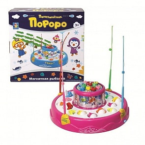 Рыбалка магнитная - Пингвиненок Пороро со светом и звуком, 2 уровня вращающихся прудов, 4 удочки и 26 рыбок (1Toy, Т59704)