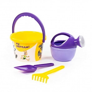 Набор Ну, Погоди! №3: ведро среднее с наклейкой, лопатка, грабельки, лейка малая №4 (Полесье, 83234) (ассортимент)