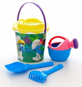 Набор №2 Смурфики: Затерянная деревня-2: ведро с наклейкой, ситечко Солнышко, лопатка №5, грабельки №5, лейка малая №4 (Полесье, 64929) (ассортимент)
