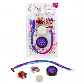 Набор Дизайнер-Сет #2 для волос с фиолетовой пудрой, 3 цветными прядями на заколке, резинки 25 шт., бусины 25 шт., спонж (Lukky, Т16781)