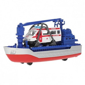 Модель Транспортный корабль 17 см с машиной скорой помощи свет-звук металлическая инерционная (Технопарк, CRANEBOAT-17SLAMB-GAZGY)