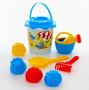 Смурфики-1 набор №3: ведро с наклейкой, ситечко Солнышко, лопатка №5, грабельки №5, лейка малая №4, 4 формочки (Полесье, 65131)