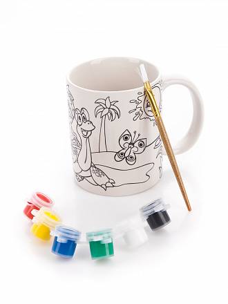 Кружка керамическая для росписи с рисунком - Львенок и Черепаха, краски и кисточка в комплекте 