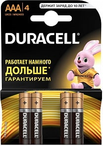 Батарейки Duracell, типоразмер ААA LR-03, мизинчиковые, 4 штуки