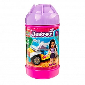 Конструктор - Девочка с машинкой, 34 детали в банке (Город мастеров, 2063-BL)