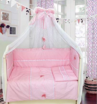 Комплект в кроватку - Бабочки, 7 предметов, розовый 