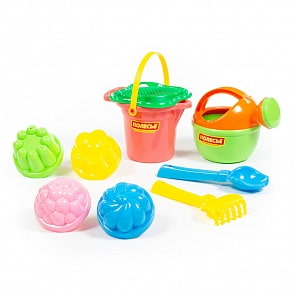 Набор №278: ведро малое с носиком, ситечко-цветок, совок №2, грабельки №2, 4 формочки, лейка малая №4 (Полесье, 4496)