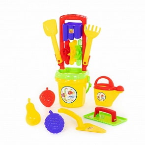 Набор №457: песочная мельница №4, ведро №9, лопатка №31, грабельки №31, формочки "Фрукты" 3 шт, лейка №10, набор каменщика №5 (Полесье, 42224)