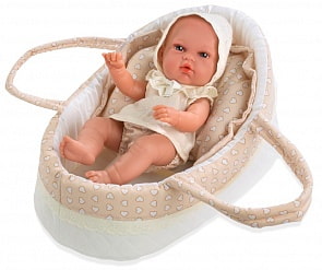 Пупс из коллекции Elegance, 33 см, в одежде, виниловое тело, в бежевой люльке-переноске с подушечкой (Arias, Т13719)