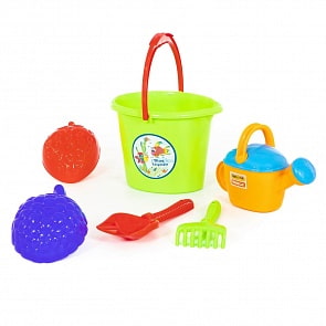 Набор №390: ведро №4 с носиком, лопата №6, грабли №6, 2 большие формочки-фрукты, лейка №8 (Полесье, 38326)