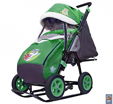 Санки-коляска Snow Galaxy - City-1-1 - Серый Зайка, цвет зеленый на больших надувных колесах, сумка, варежки 