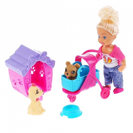 Кукла Машенька, 12 см, в комплекте питомцы в будке и коляске, аксессуары  