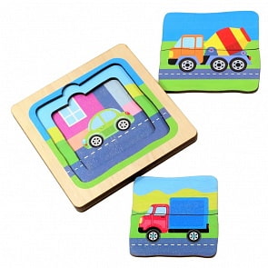 Игра развивающая деревянная - Пазл трехслойный Машинки 3 в 1 (Десятое королевство, 00732ДК)